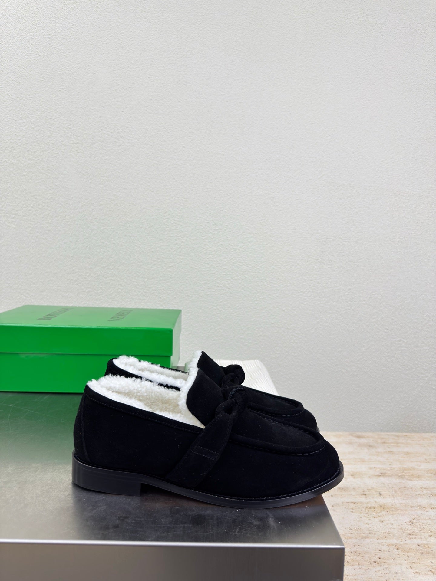 BOTTEGA VENETA 26S LOAFERS IN BLACK SUEDE AND WHITE WOOL