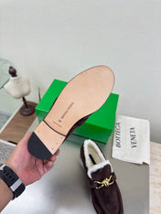 BOTTEGA VENETA 26S LOAFERS IN DARK BROWN SUEDE AND WHITE WOOL WITH GOLD HARDWARE