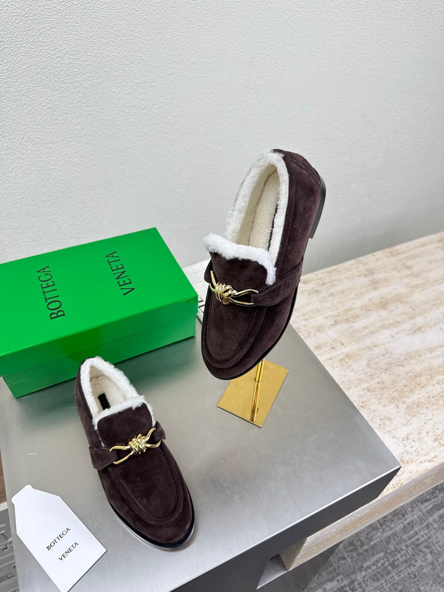 BOTTEGA VENETA 26S LOAFERS IN DARK BROWN SUEDE AND WHITE WOOL WITH GOLD HARDWARE