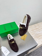 BOTTEGA VENETA 26S LOAFERS IN DARK BROWN SUEDE AND WHITE WOOL WITH GOLD HARDWARE