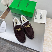 BOTTEGA VENETA 26S LOAFERS IN DARK BROWN SUEDE AND WHITE WOOL WITH GOLD HARDWARE