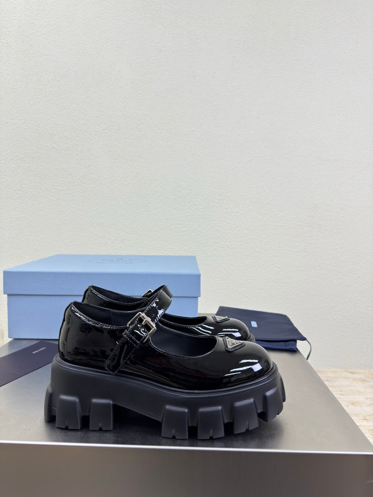PRADA 25S PLATFORM MARY JANE SHOES IN BLACK GLOSSY CALFSKIN STYLE 2