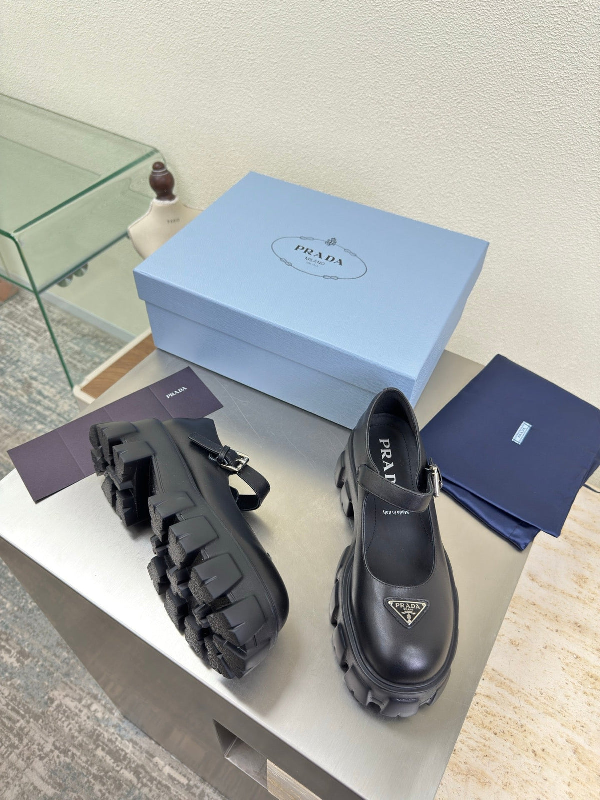 PRADA 25S PLATFORM MARY JANE SHOES IN BLACK CALFSKIN STYLE 1