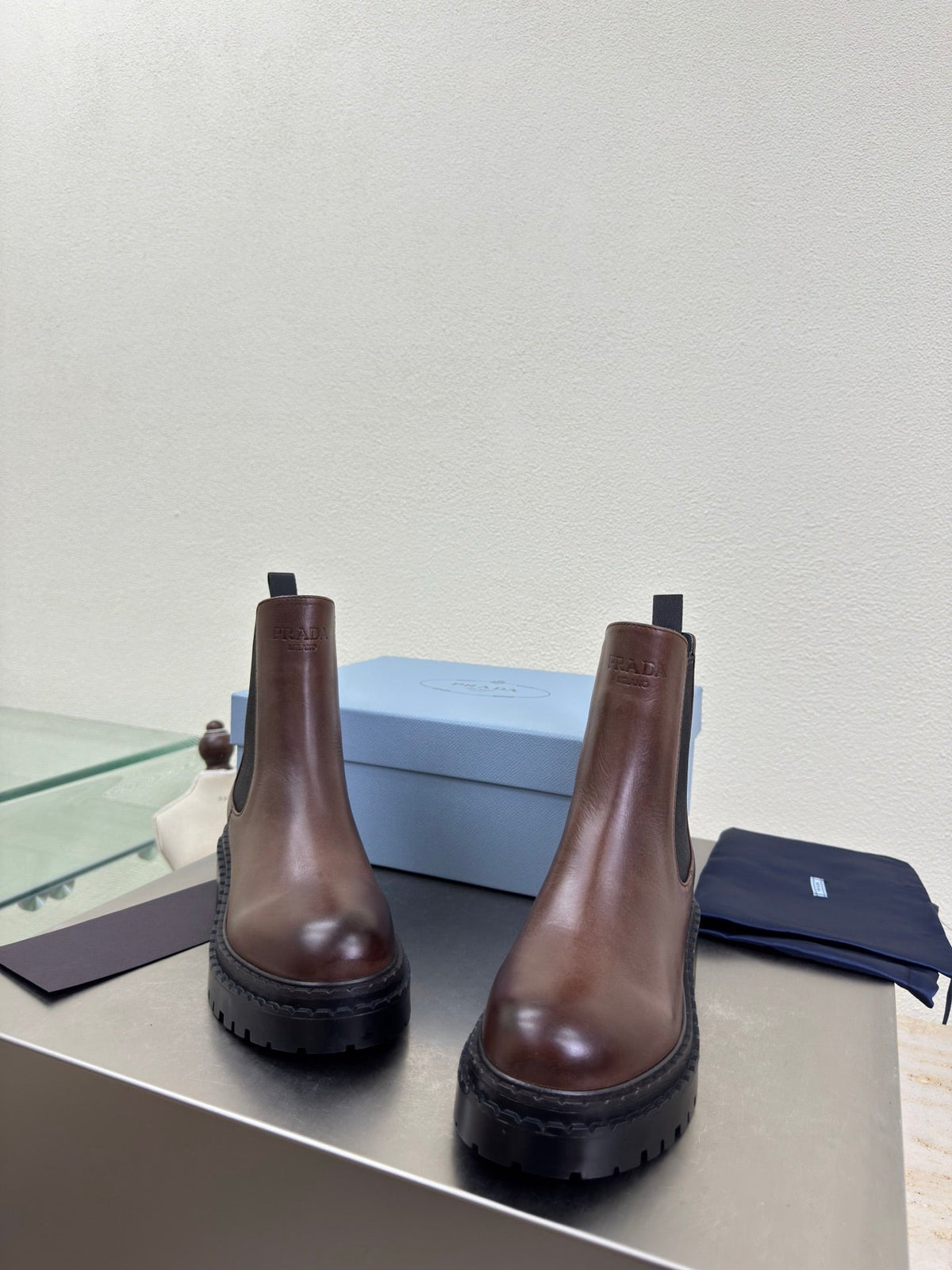 PRADA 25S PLATFORM CHELSEA BOOTS IN DARK BROWN CALFSKIN