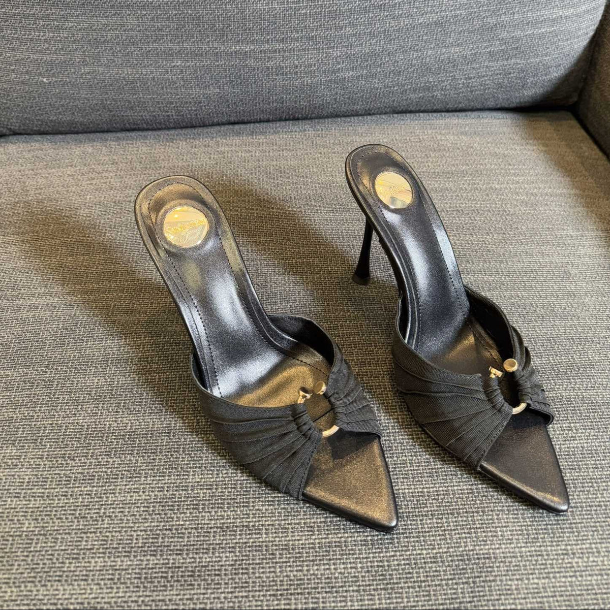 LOLA HIGH MULES IN BLACK SMOOTH LAMBSKIN AND DRAPED JERSEY