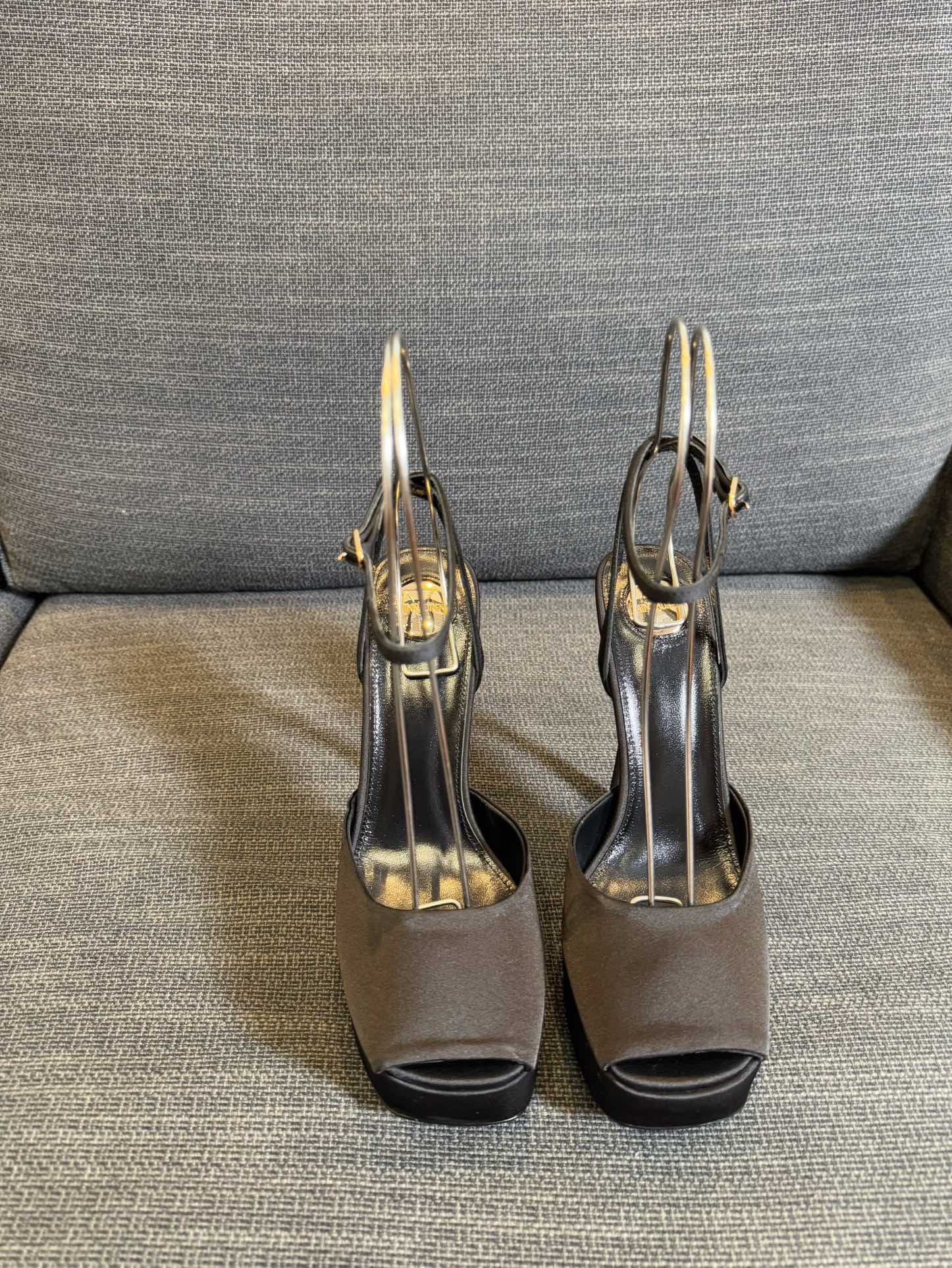 YSL 26S PLATFORM SANDALS 150 MM IN TAUPE AND BLACK SATIN