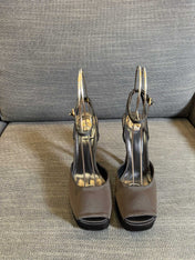YSL 26S PLATFORM SANDALS 150 MM IN TAUPE AND BLACK SATIN