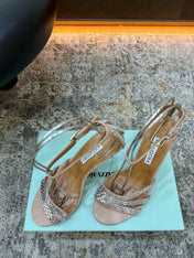 AQUAZZURA 26S HEELED SANDALS 95 MM IN BEIGE SUEDE CRYSTAL-EMBELLISHED STRAPS