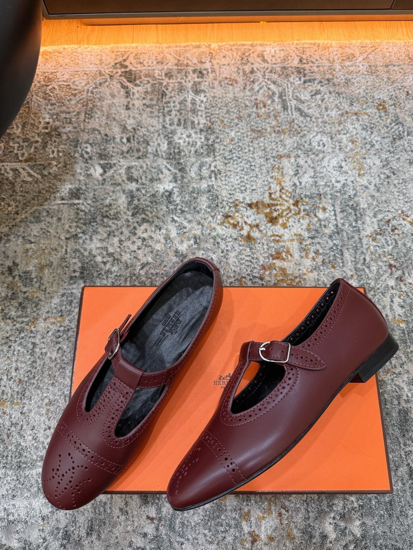 HM 26S PERFORATED BALLET FLATS IN WINE RED CALFSKIN