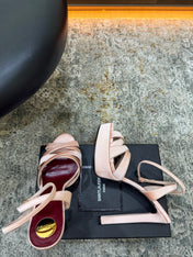 YSL 26S WOVEN-STRAP HIGH-HEEL SANDALS 130 MM IN LIGHT PINK SATIN