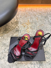 YSL 26S WOVEN-STRAP HIGH-HEEL SANDALS 130 MM IN BLACK SATIN