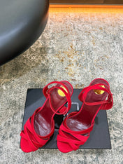YSL 26S WOVEN-STRAP HIGH-HEEL SANDALS 130 MM IN RED SATIN