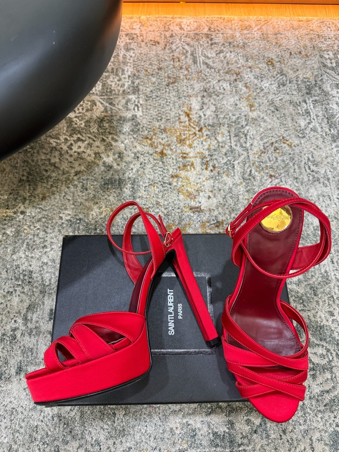 YSL 26S WOVEN-STRAP HIGH-HEEL SANDALS 130 MM IN RED SATIN