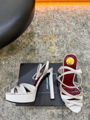 YSL 26S WOVEN-STRAP HIGH-HEEL SANDALS 130 MM IN OFF-WHITE SATIN
