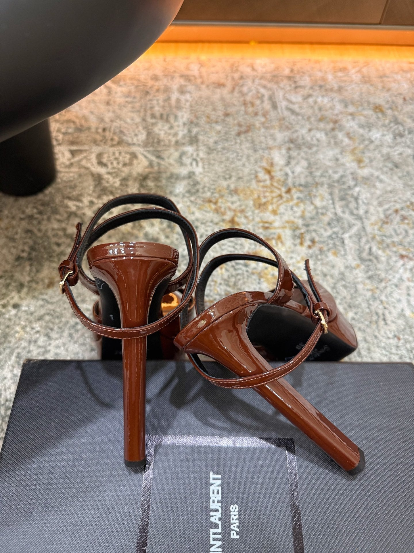 YSL 26S HIGH-HEEL SANDALS 130 MM IN CHESTNUT BROWN GLOSSY CALFSKIN