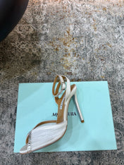 AQUAZZURA 26S PEEP-TOE SANDALS 100 MM IN WHITE MESH AND SATIN