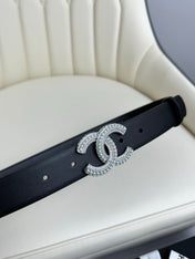 CC BELT 30MM IN BLACK SMOOTH CALFSKIN SILVER HARDWARE ATTACH PEARLS
