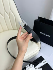 CC BELT 30MM IN BLACK SMOOTH CALFSKIN SILVER HARDWARE ATTACH RHINSTONES