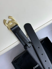 CC BELT 30MM IN BLACK SMOOTH CALFSKIN GOLD HARDWARE ATTACH RHINSTONE