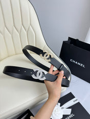 CC BELT 30MM IN BLACK SMOOTH CALFSKIN SILVER HARDWARE ATTACH RHINSTONE