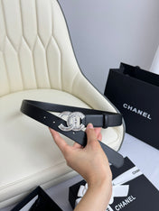 CC BELT 30MM IN BLACK SMOOTH CALFSKIN SILVER HARDWARE ATTACH RHINSTONE