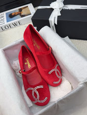 MARY JANE SHOES IN CHERRY RED VELVET WITH CRYSTALS LOGO