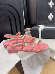 THREE-STRAPS SANDALS IN FLAMINGO PINK CALFSKIN WITH GOLD HARDWARE