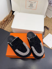 HM 25S MULE IN BLACK SUEDE MIX GREY SHEARLING
