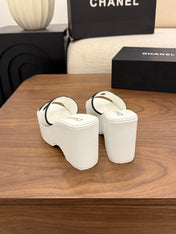 CHANEL 26S WEDGE SANDALS 95 MM IN WHITE CALFSKIN