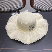 CHANEL 26S LACE-OVERLAY WIDE-BRIM STRAW HAT 335729