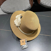 CHANEL 26S PEARL & ROSETTE STRAW BOATER HAT 337932