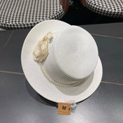 CHANEL 26S PEARL & ROSETTE STRAW BOATER HAT 337935