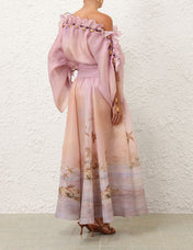 ZIMMER SILK MIDI DRESS IN PASTEL BLUE-GREEN AND LIGHT PURPLE