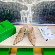 ALFIE LEATHER HIGH MULES IN CAMEL BEIGE CALFSKIN WITH WOVEN DESIGN