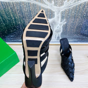 ALFIE LEATHER HIGH MULES IN BLACK CALFSKIN WITH WOVEN DESIGN