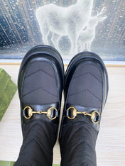 HORSEBIT ANKLE BOOTS WITH MERINO TRIM IN BLACK NYLON MIX CALFSKIN