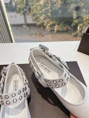 ALAIA 26S FLATS IN WHITE CALFSKIN WITH SILVER STUD STRAP