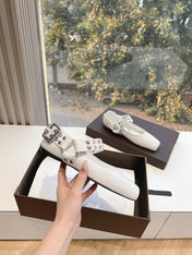 ALAIA 26S FLATS IN WHITE CALFSKIN WITH SILVER STUD STRAP