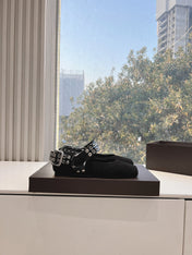 ALAIA 26S FLATS IN BLACK SUEDE WITH SILVER STUD STRAP