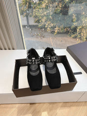ALAIA 26S FLATS IN BLACK SUEDE WITH SILVER STUD STRAP