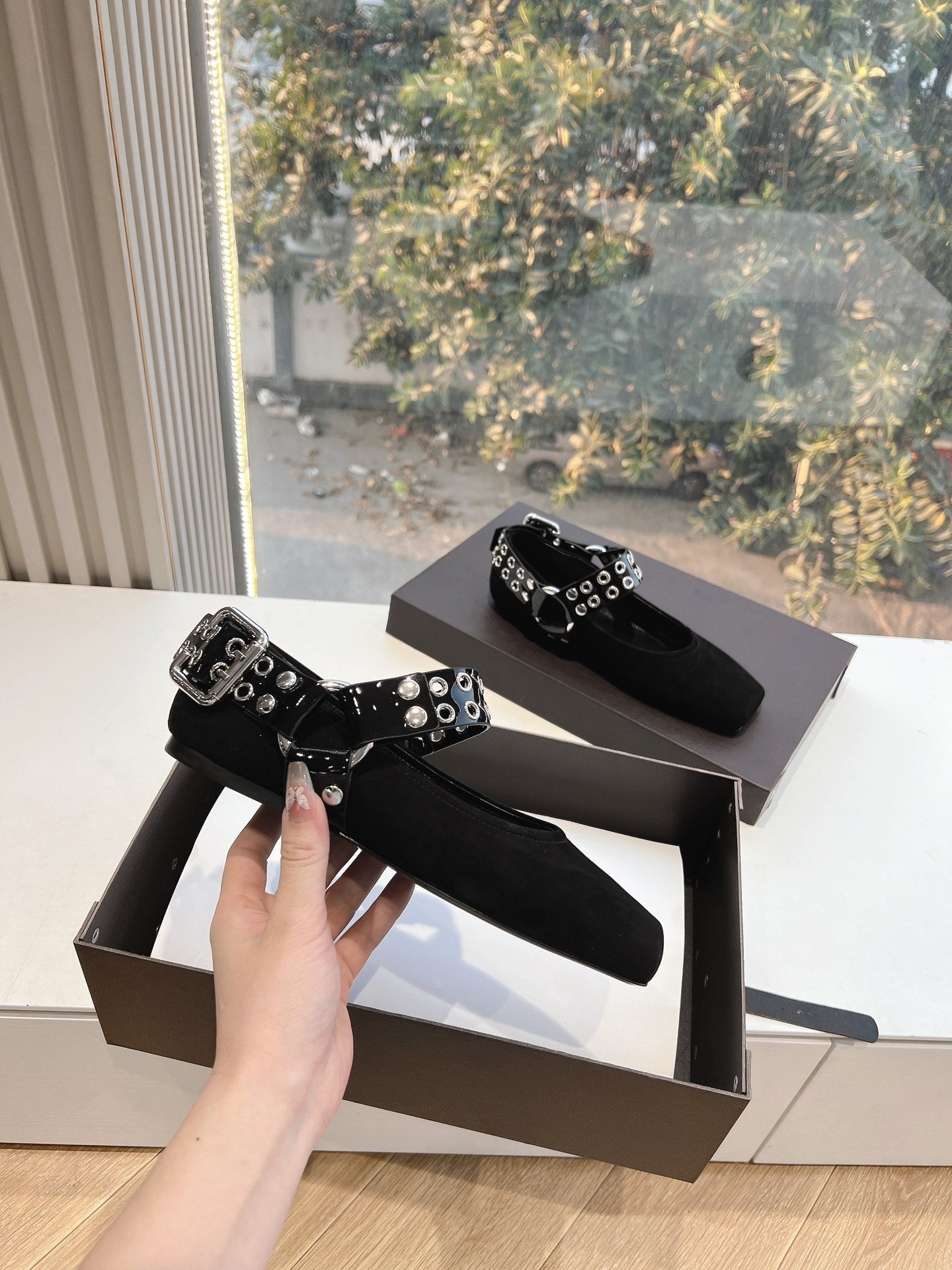 ALAIA 26S FLATS IN BLACK SUEDE WITH SILVER STUD STRAP