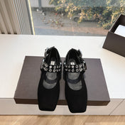 ALAIA 26S FLATS IN BLACK SUEDE WITH SILVER STUD STRAP