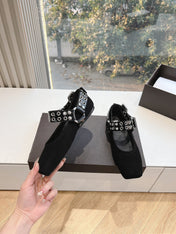 ALAIA 26S FLATS IN BLACK SUEDE WITH SILVER STUD STRAP