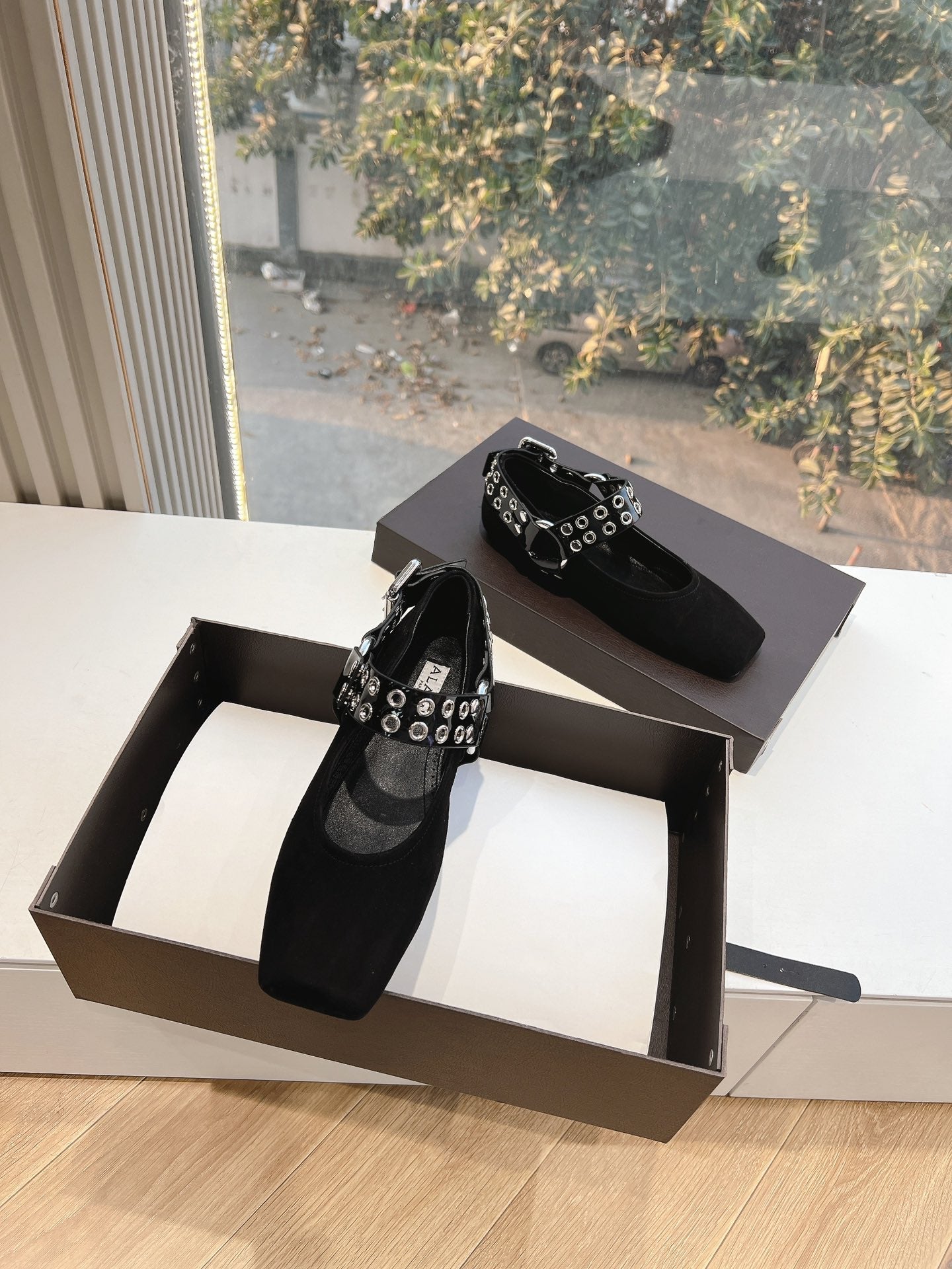 ALAIA 26S FLATS IN BLACK SUEDE WITH SILVER STUD STRAP