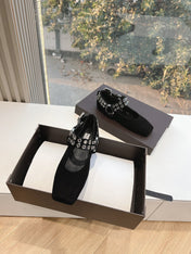 ALAIA 26S FLATS IN BLACK SUEDE WITH SILVER STUD STRAP