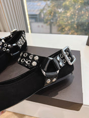 ALAIA 26S FLATS IN BLACK SUEDE WITH SILVER STUD STRAP