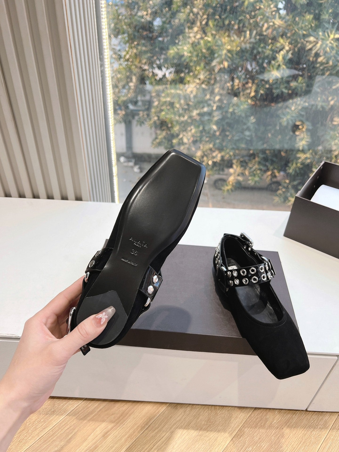 ALAIA 26S FLATS IN BLACK SUEDE WITH SILVER STUD STRAP