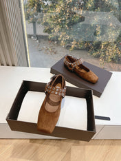 ALAIA 26S FLATS IN BROWN SUEDE WITH SILVER STUD STRAP