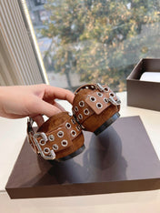 ALAIA 26S FLATS IN BROWN SUEDE WITH SILVER STUD STRAP