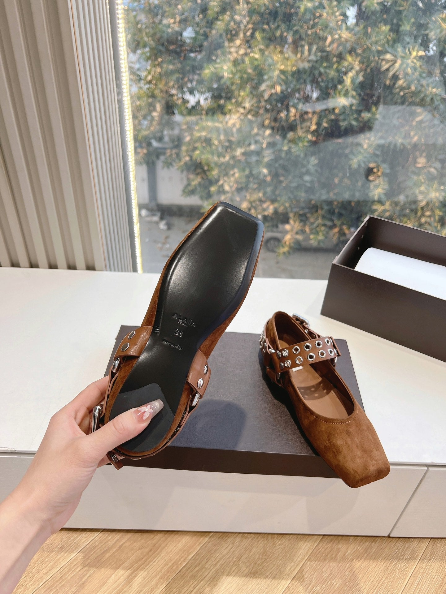 ALAIA 26S FLATS IN BROWN SUEDE WITH SILVER STUD STRAP